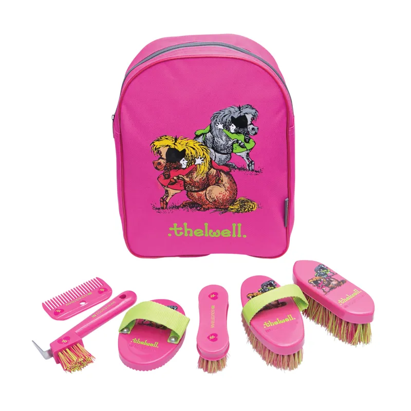 Hy Equestrian Thelwell Collection Hugs Complete Grooming Kit Rucksack - Pink/Lime/Hot Pink